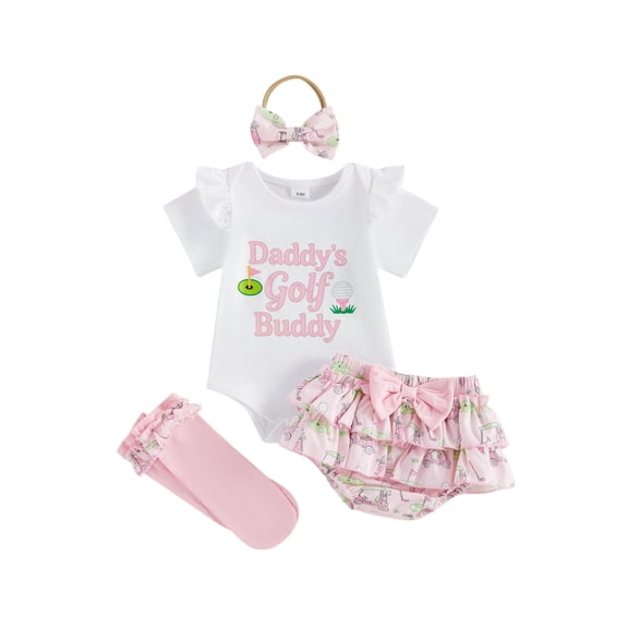 BemeyourBBs Newborn Baby Girl Golf Outfits Infant Baby Girls Summer Clothes Daddy's Little Golf Buddy Letters Print Short Sleeve Romper Tiered Ruffled Shorts Skirt Set Headband Long Socks