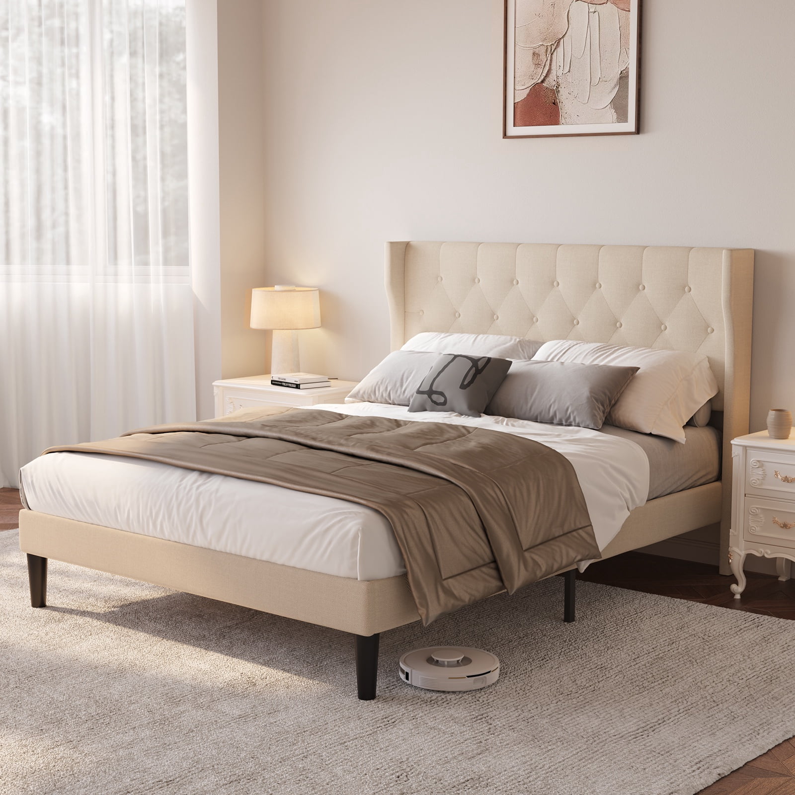 Noelse 3-Piece Bedroom Furniture Set, Full Size Bed Frame with Upholstered Headboard & 2 Nightstands, Under Bed Storage, Noise-Free, Beige and White