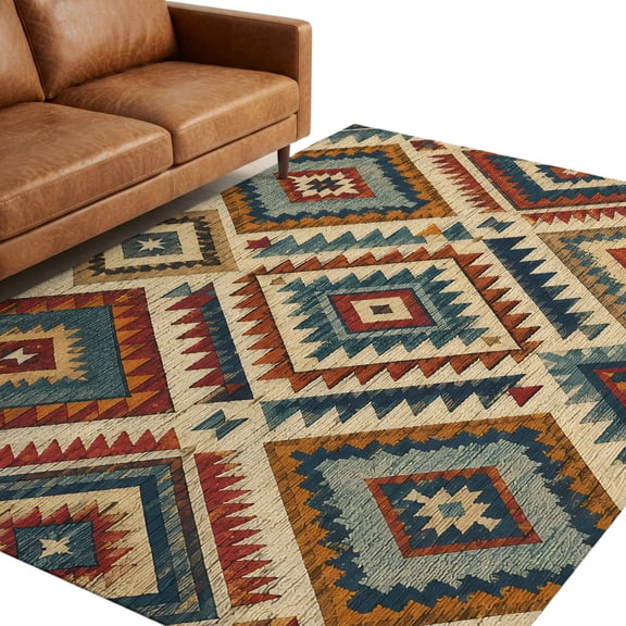 Bohemian Plaid Washable Area Rug 5 x 8 ft Boho Southwestern Vintage Geometric Diamond Motifs Soft Non‑Slip Rugs Stain Repellent Indoor Mats for Spacious Family Room, Long Dining‑Table, Sunroom