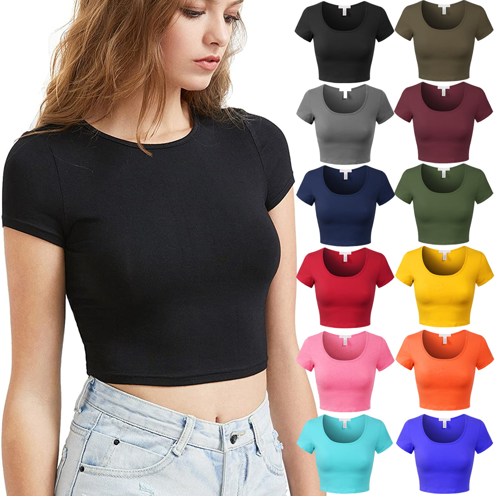 Womens Basic Round Neck Cotton Crop Top Short Sleeve Cami Tank Shirt