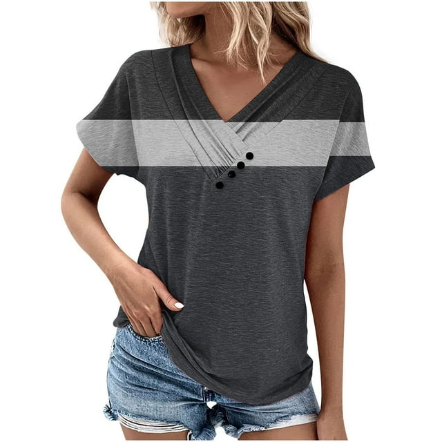 Tops de Algodón para Mujeres Cuello en V Moda Casual Manga Corta Primavera Verano Top para el Hogar Y Diario