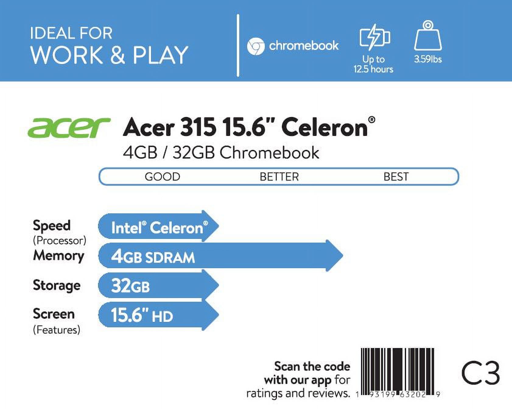 Acer 315 15.6" Celeron 4GB/32GB Chromebook, 15.6" HD Display, Intel Celeron N4000, 4GB LPDDR4, 32GB eMMC, Protective Sleeve, Pure Silver, Chrome OS - CB315-3H-C2C3 - image 3 of 8