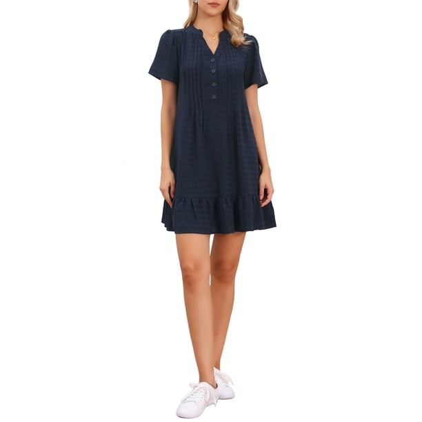 Vestido Babydoll INSPIRE CHIC para Mujeres, con escote en V, manga corta, dobladillo con volantes, vestido tipo túnica S, azul marino