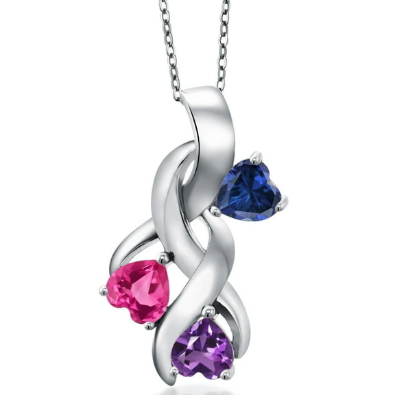 Gem Stone King 925 Sterling Silver Blue Created Sapphire and Pink Created Sapphire and Purple Amethyst Pendant for Women (1.52 Cttw, Gemstone September Birthstone, Heart Shape 5MM, 18 inch Chain)