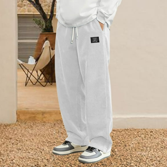 KHONTS Men's Corduroy Casual Pants Fashion Loose Fit Wide Leg Pants Straight Sweatpants with Elastic Waist Drawstring White XL