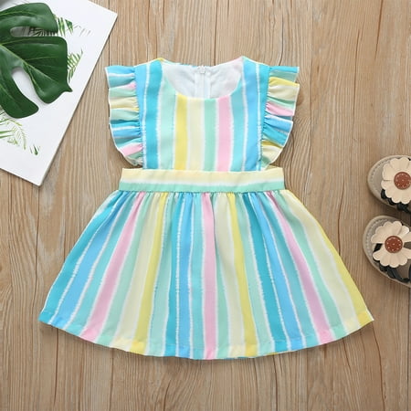 

THE WILD Toddler Dress Fashion Ruched Striped O-Neck Short Sleeve Midi Girls Dresses Light Blue