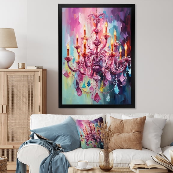 Designart "Brilliance of Pink Baroque Luminary Chandelier I" Fashion Framed Wall Art - Glam Pink Chandelier Bedroom Framed Canvas Wall Art
