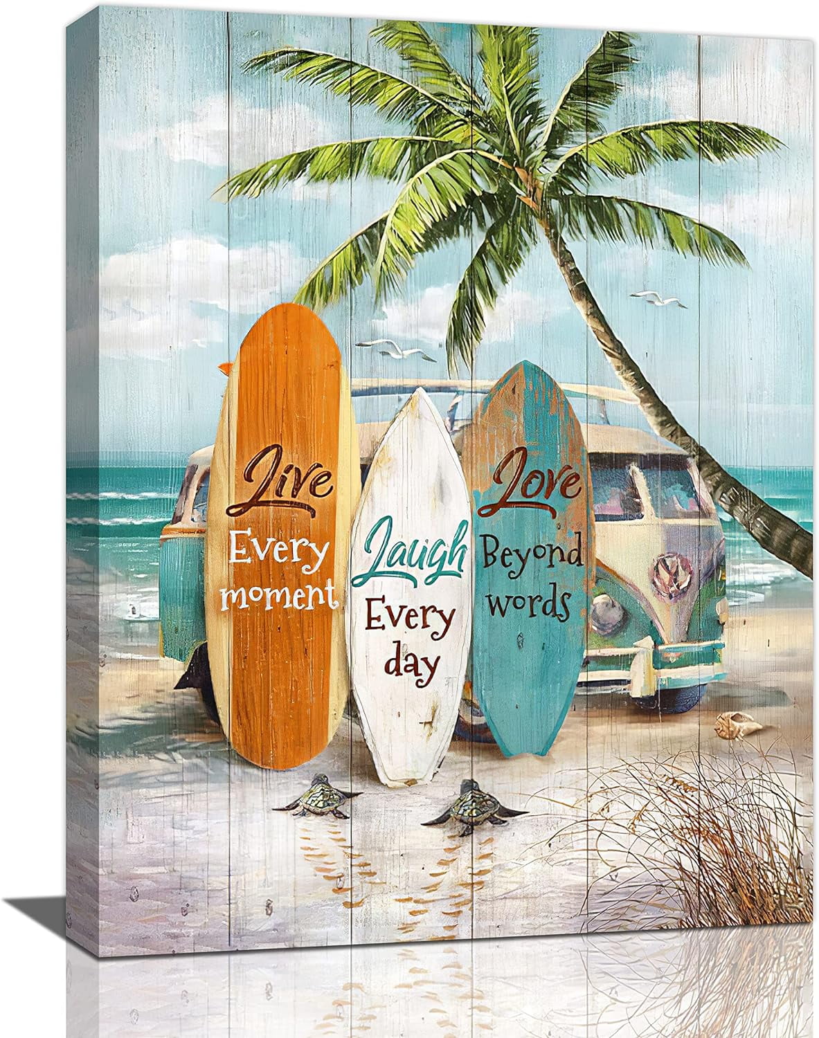 Summer Coastal Beach Wall Art Beach Palm Surfboard Bus Wall Decor Ocean Theme Print Painting Pictures Modern Home Artwork Decor for Bathroom Living Room Framed Ready to Hang 12"x16"