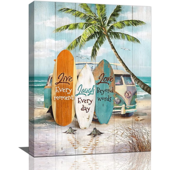 Summer Coastal Beach Wall Art Beach Palm Surfboard Bus Wall Decor Ocean Theme Print Painting Pictures Modern Home Artwork Decor for Bathroom Living Room Framed Ready to Hang 12"x16"
