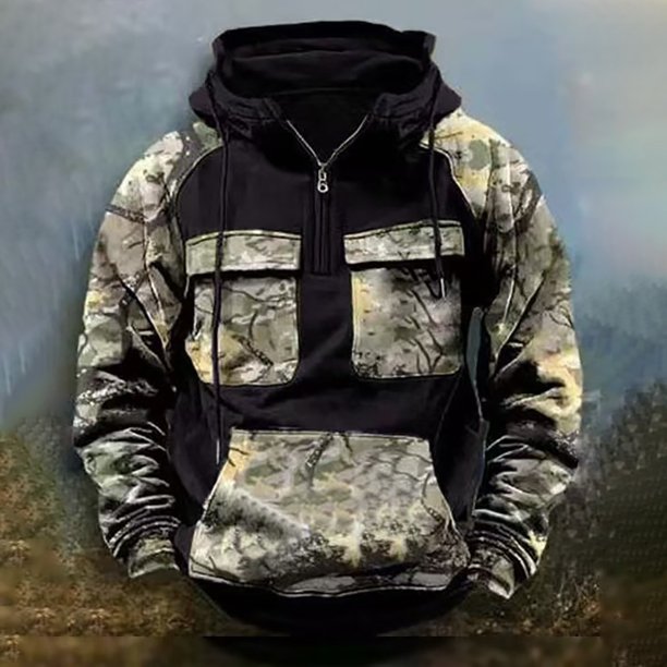 MHFRRA Sudadera con Capucha Informal de Camuflaje para Hombre con Cordón y Cremallera, Ropa Deportiva Cómoda para Actividades Al Aire Libre Negro