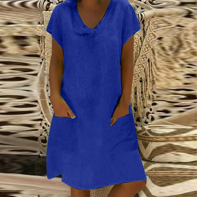 EGNMCR Robes de Fête pour Femmes Robe pour Femmes de Printemps et d'Été à Col en V en Coton et Lin Décontractée avec Poches à Manches Courtes
