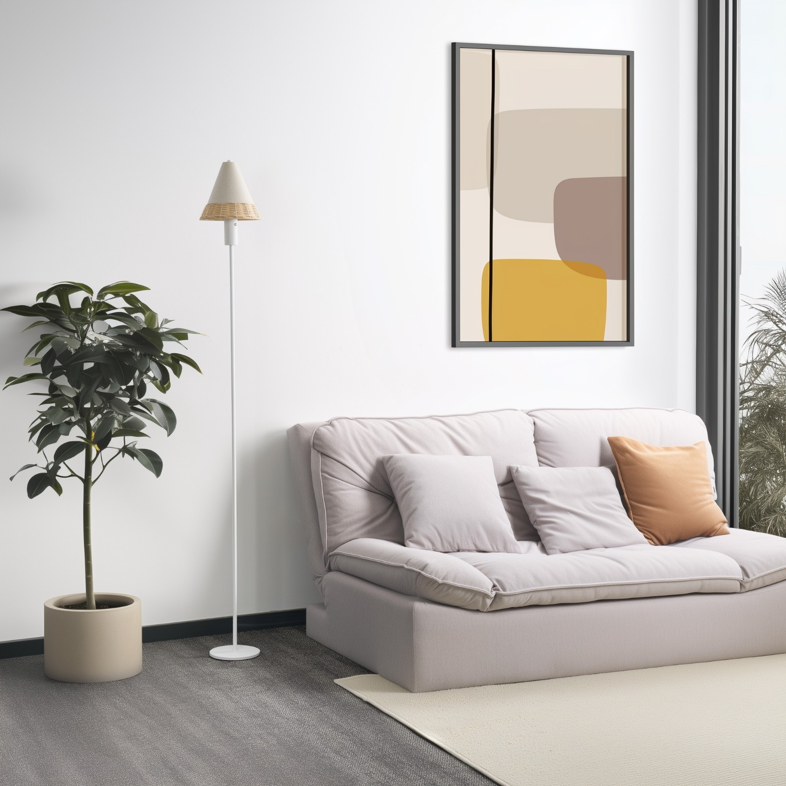 Modern Cordless Rechargeable Floor Lamp, Woven Rattan Cone Shade, 3 Color Temperatures (2700K/4000K/6000K), Dimmable Touch Control, 58" Tall Battery Operated Accent Light for Living Room, Bedroom, Re