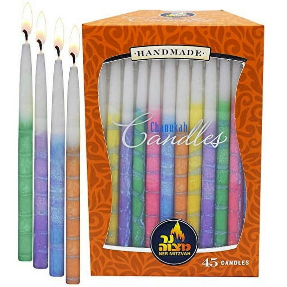 Ner Mitzvah, Colorful, Handmade Dripless Hannukah Menorah Candles - Standard Size (45 Pack)