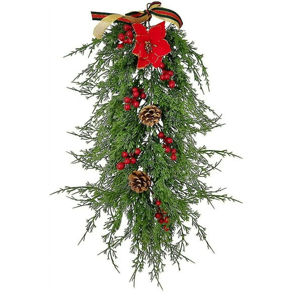 Artificial Christmas Pine Branch Poinsettia Teardrop Wreaths, 25in Faux Winter Pine Cones Greens Frosted Red Berries Mixed Bell Christmas Swag For Fro