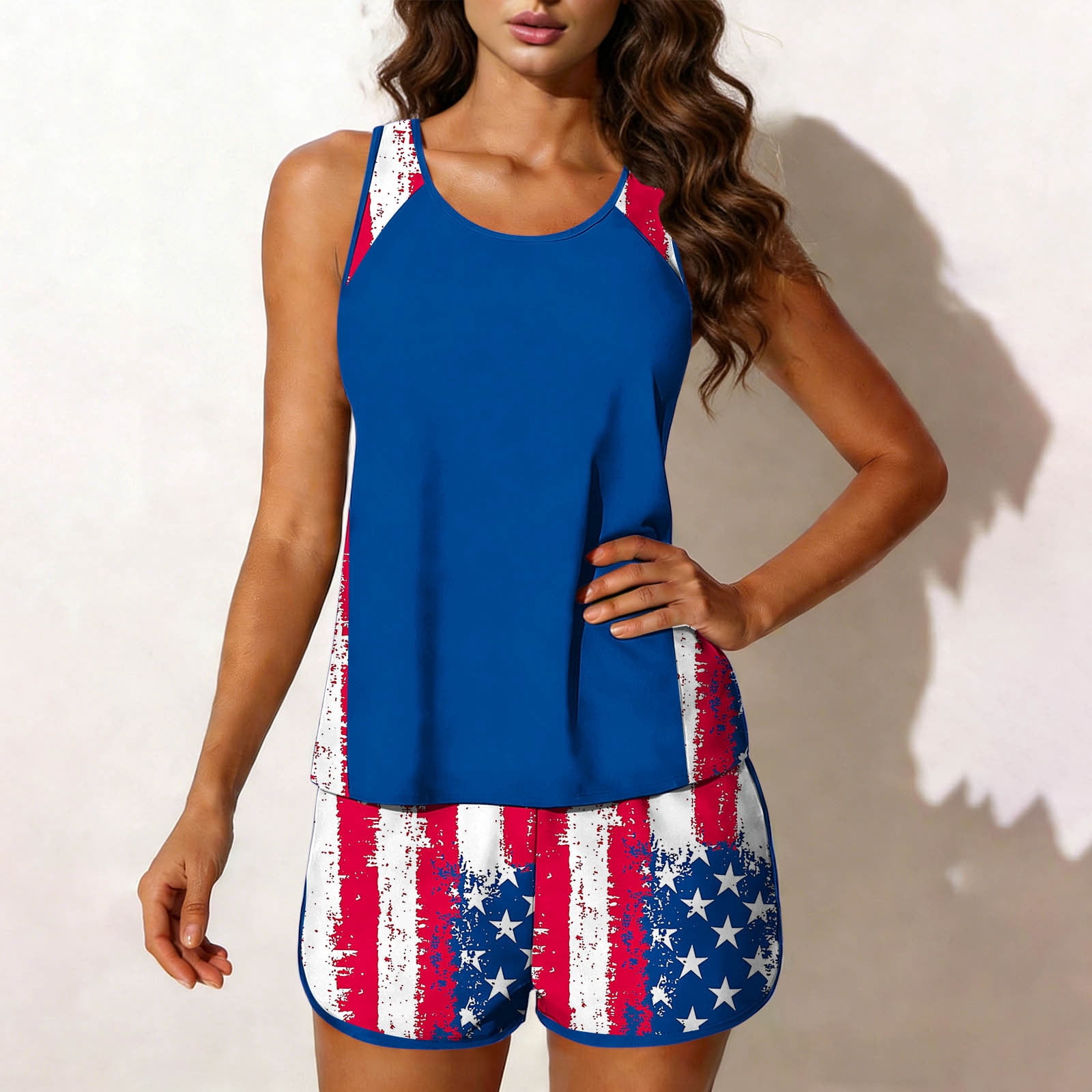 Fewfanhot Swimsuit for Women 4th of July American Flag Ptinted Two Piece Bathing Suits with Sporty Pockets Swim Shorts