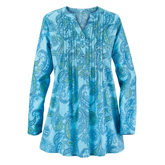 Collections Etc Watercolor Tonal Paisley Pintuck Long Sleeve Tunic