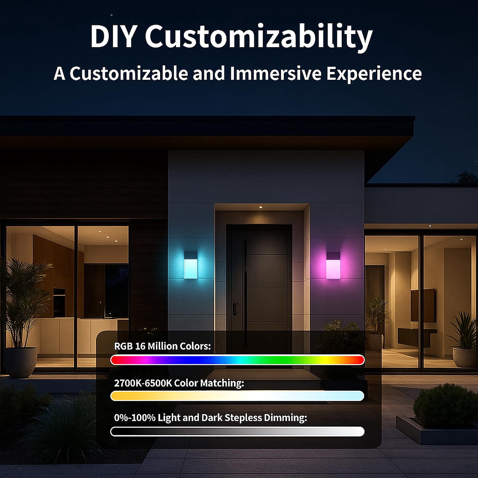 Outdoor Wall Lights Rgb  1500lm Smart Exterior Porch Sconces Mounted Lighting Ip65 Waterproof Diy For Garden Garage And Patio - Ideal Festivals The Christmas Parties 2 Pack
