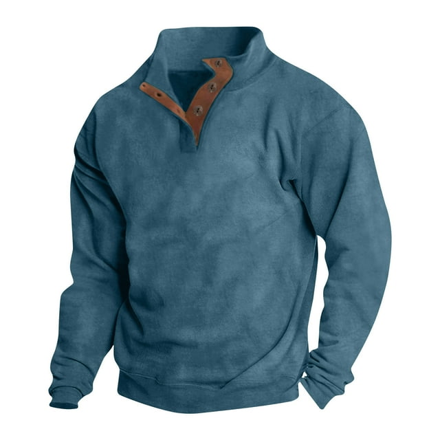 Man Casual Patchwork Solid Pullover Fashion Long Sleeve Stand Collar Button Blouse