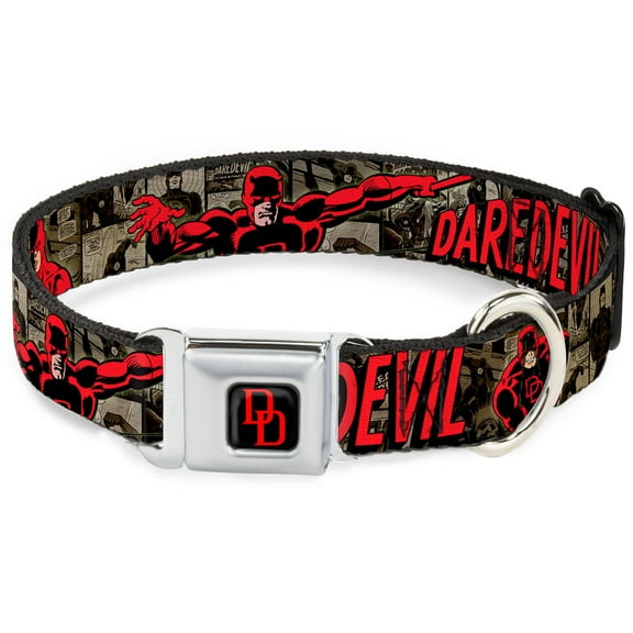 Marvel Comics Pet Collar, Dog Collar Metal Seatbelt Buckle, Daredevil Action Poses Comic Panels Grays Red, 13 to 17 Inches 1.5 Inch Wide