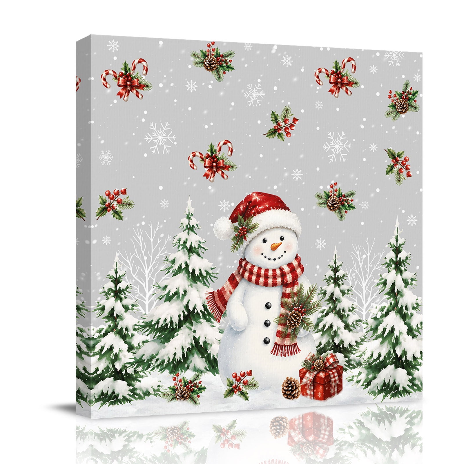 Canvas Wall Art Grey Christmas Snowman Framed Canvas Prints for Bathroom Kitchen Winter Xmas Pine Trees Snowflakes Gallery Wrapped Wall Decor for Home Office Gifts 10 x10 Ship Next Day