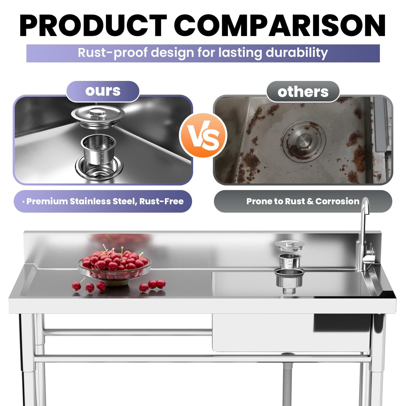 Single Bowl Utility Sink, Freestanding Wash Station, 47.3″×18.5″×33.6″ Kitchen Sink, with Swivel Faucet, Hot Cold Lines, Organizer Shelf, for Laundry, Backyard, Small Business