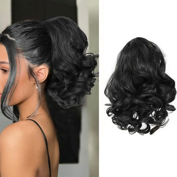 Yatlte Black Ponytail Extension 10 Inch Curly Drawstring Ponytail for Women Clip in Fake Ponytail Synthetic Curly Pony Tails Hair Extensions