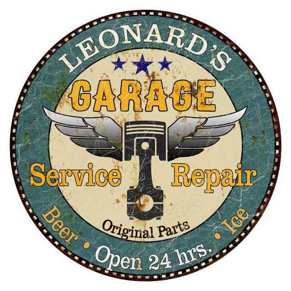 LEONARD'S Garage 14" Round Metal Sign Man Cave Home Wall Decor 100140027417