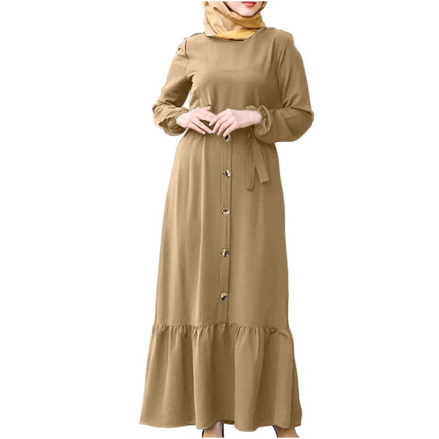 Robe à Manches Longues pour Femmes Ample Décontractée à Boutons Évasée Plissée à Volants Longue Maxi Élégante Confortable