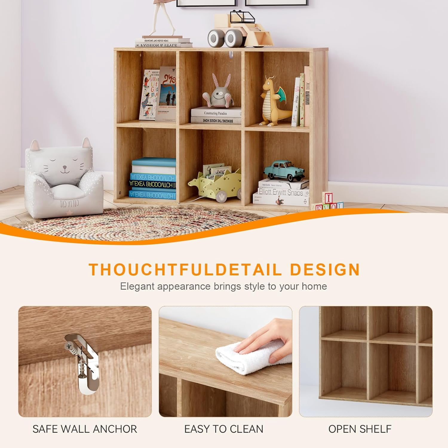 KZElegy 6 Cube 11x11inch Organizer Anti-Tip Design Storage Bookshelf ,Toy & Display Wood Cube Shelf for Home and Office,Bedroom,Brown (1PS)