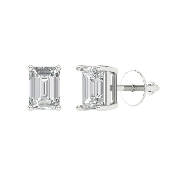 2 ct Screw-Back Stud Earrings for Women | 7x5mm Emerald Cut Moissanite | 18K White Gold