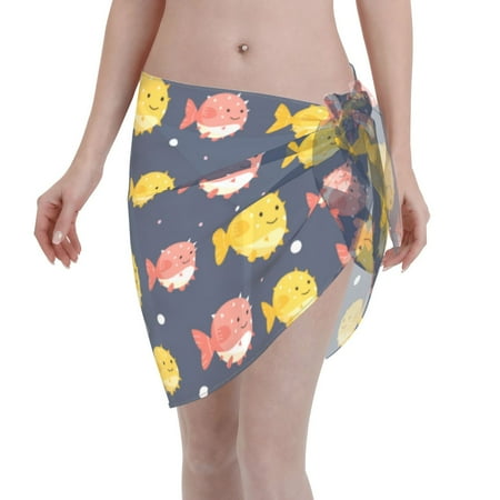 Disketp Cute Puffer Fish Women Swimsuit Cover Up Short Chiffon Summer Beach Sarong Bikini Wrap Skirt Bathing Suit