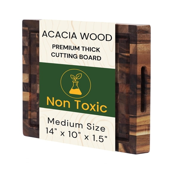 End Grain Acacia Wood Cutting Board 14x10x1.5 Inch, Thick Butcher Block with Deep Juice Groove & Handles. Knife Friendly Solid Hardwood Board for Meat, Chopping, Carving & BBQ by New M Way