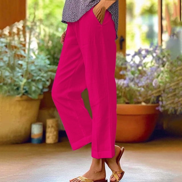 Pantalons de Survêtement Roses pour Femmes Poches Lâches Patchwork Coton et Lin Pantalons Décontractés