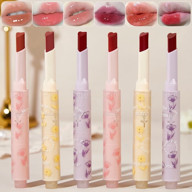 Dulele Juego de 6 colores de lápiz labial de gelatina mate, aceite hidratante para labios, acabado de espejo hidratante, brillo de labios en forma de corazón, altamente pigmentado y de larga duración,