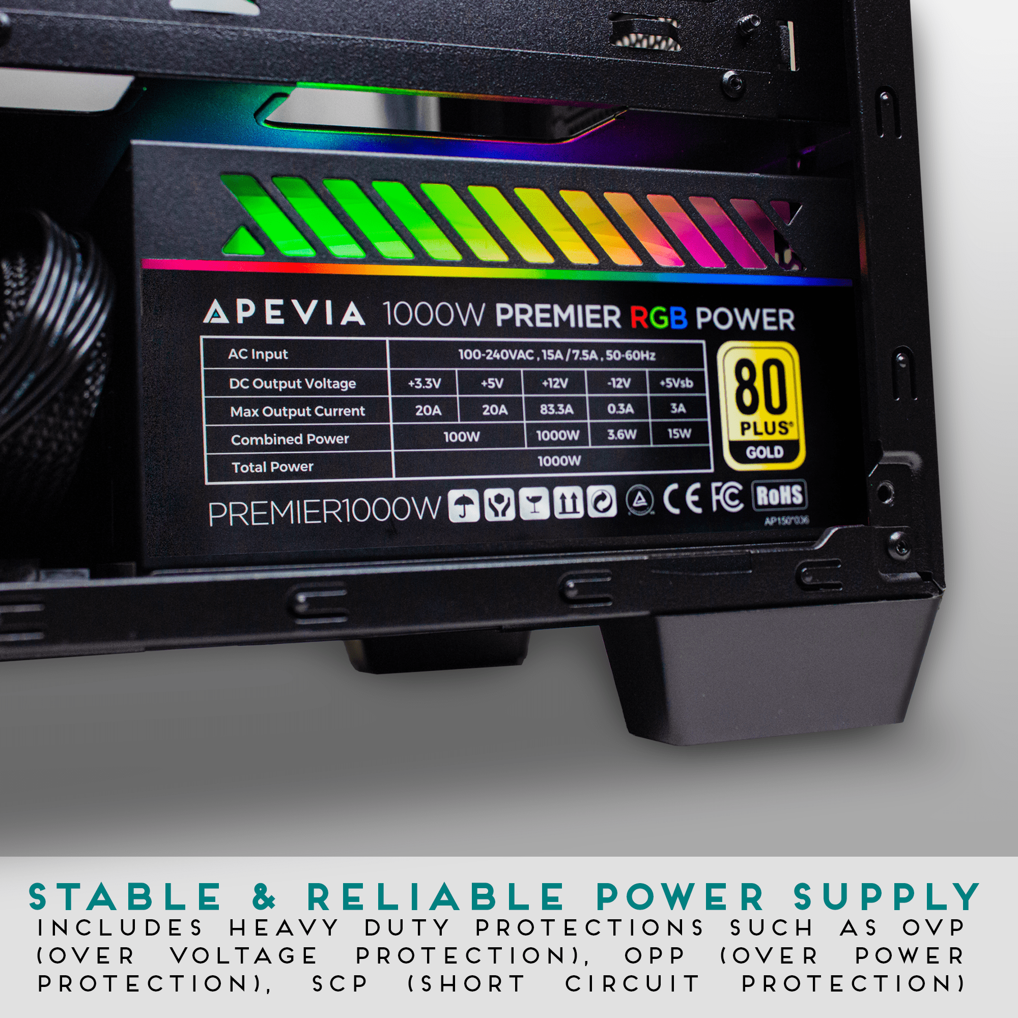 Apevia ATX-PM850W PCIe 5.0 ATX 3.0 Ready Premier 850W 80+ Gold Certified, Active PFC ATX Semi-Modular Gaming Power Supply, 366 RGB Light Modes