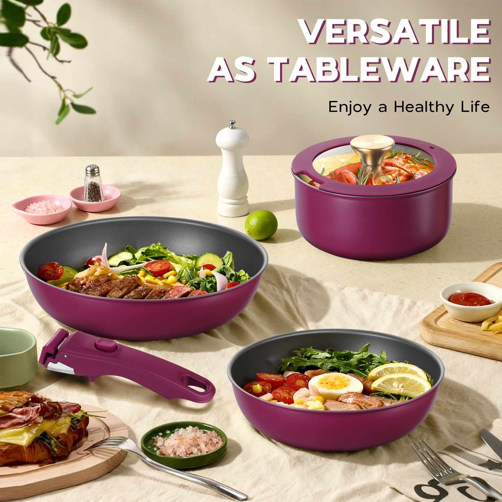 Walchoice 5Pcs Pots and Pans Set, Granite Nonstick Cookware Set with Detachable Handle, Stackable Kitchen Cooking Set with Saucepan Frying Pans, Induction Compatible & Oven Safe - Purple