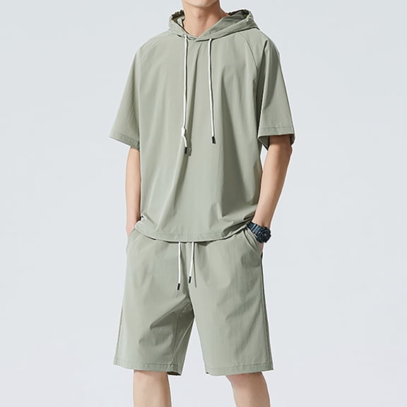 Vedolay Two Piece Short Set For Men Men's Shorts Set Short Sleeve Crewneck Tee Track Shorts with Pockets,Green L