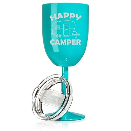 

14 oz Double Wall Vacuum Insulated Stainless Steel Wine Tumbler Glass with Lid Happy Camper (Teal)