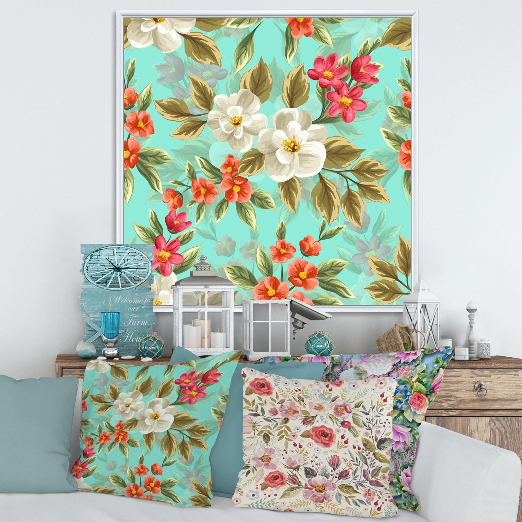 Red and White Floral Seamless Pattern 16 in x 16 in Framed Painting Canvas Art Print, by Designart