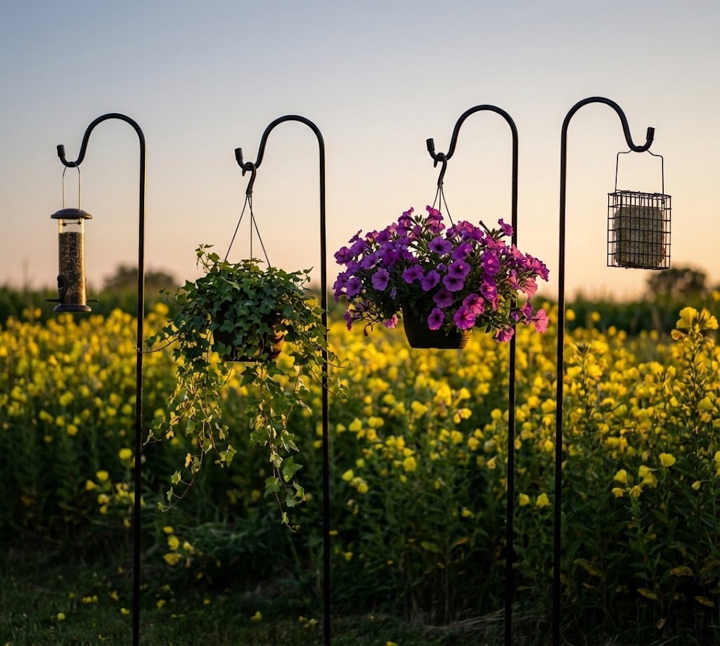 Shepherd Hooks 4 Pack - 63 Inches High 1/2 Inch Thick Adjustable Rust Resistant Shepards Hooks for Outdoor Solar Lights, Lanterns, Flower Basket, Bird Feeder.