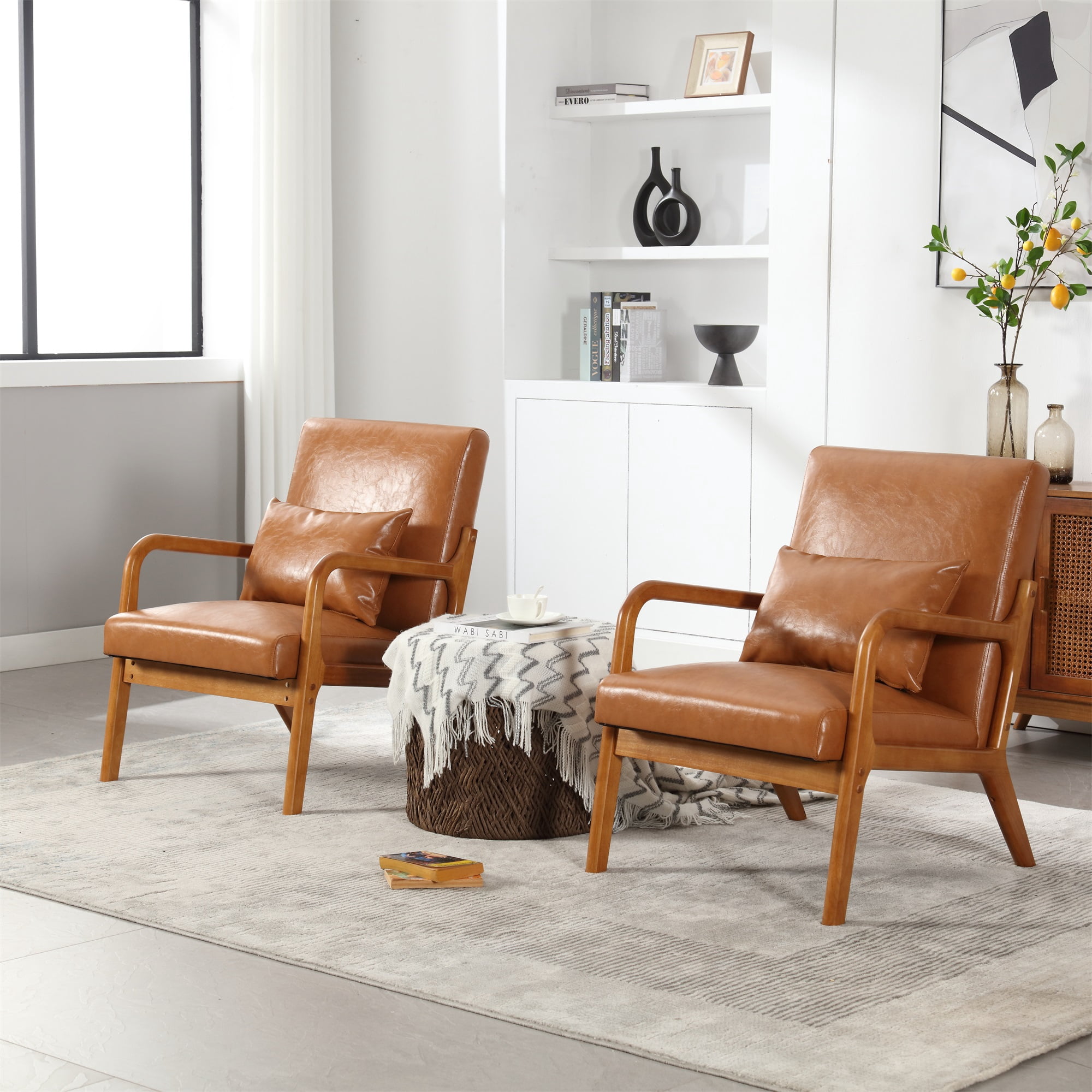Miniyam Modern PU Leather Accent Chair, Solid Wood Lounge Reading Armchair With One Pillow for Living Room, Bedroom, Guest Room, Light Brown