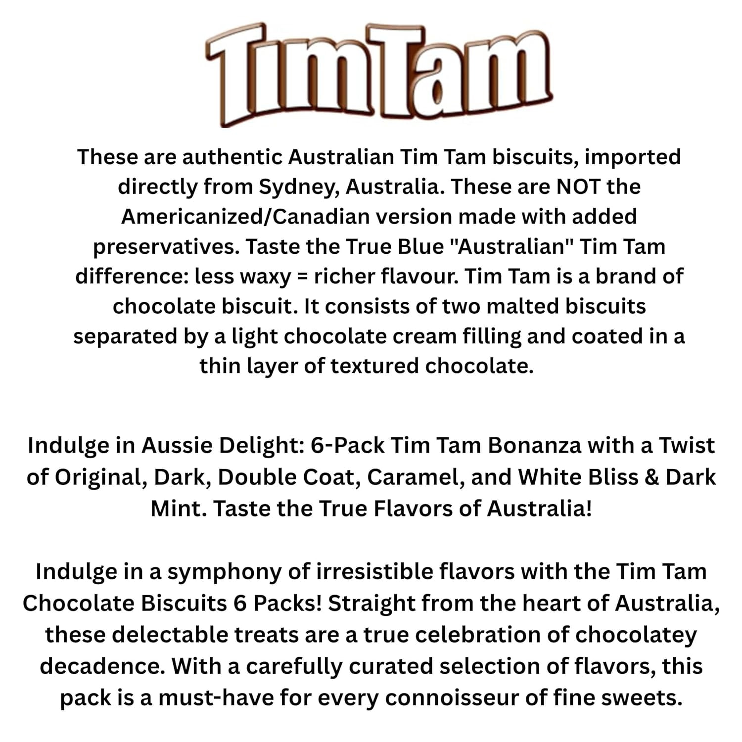 Delicious Aussie Sampler - Tim Tam Chocolate Biscuits – 6 Pack Assortment: 1 Original, 1 Dark, 1 Double Coat, 1 Chewy Caramel, 1 White & Dark Mint, Authentic Australian Flavors.