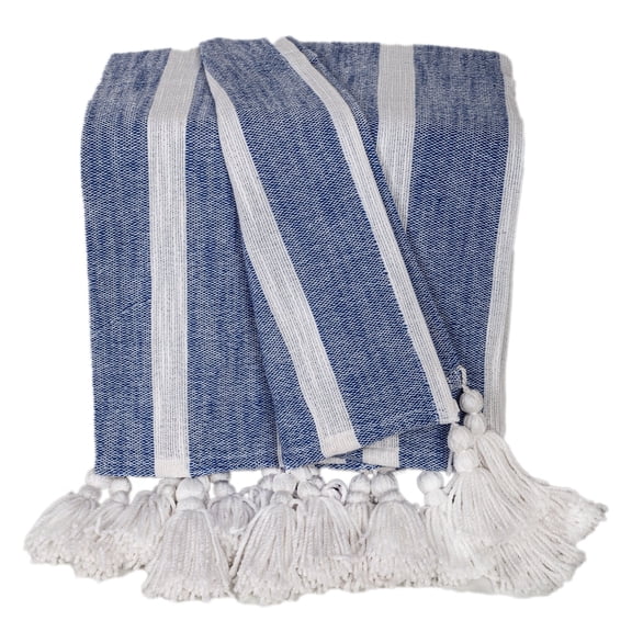 Parkland Collection Nara Blue Cotton Slub Throw Blanket with Tassels, Striped Decorative Couch Throw, 50 x 60 in