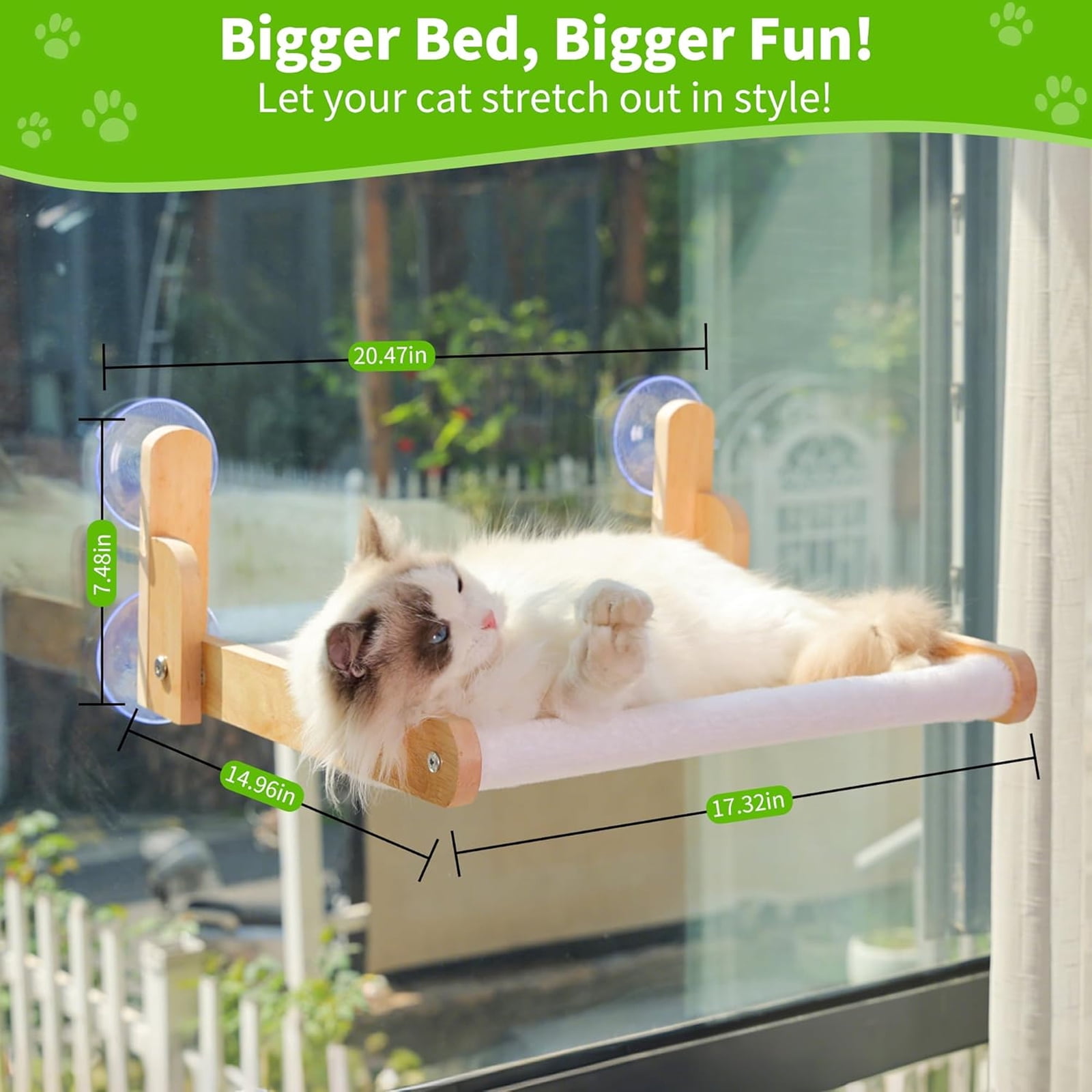HQinX Cat Window Perch Wooden Frame Foldable Cat Hammock, Soft Faux Rabbit Fur Cover Washable, Strong Suction Cups No Drilling, Large Cat Bed