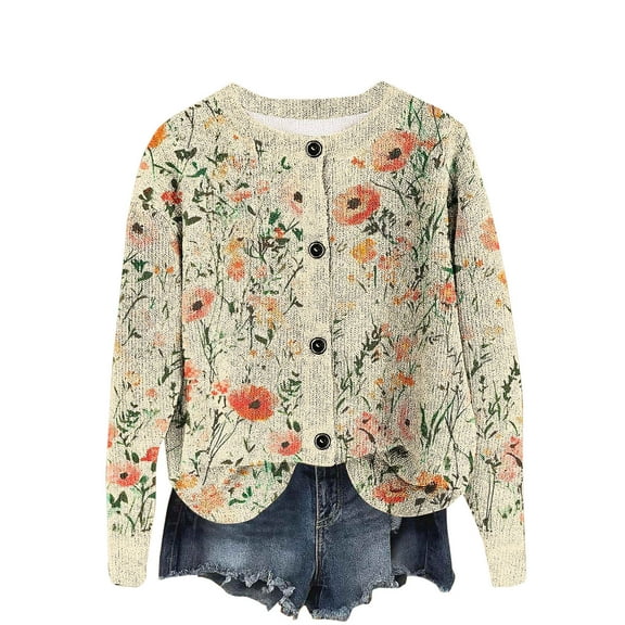 Uaswgudfs Women's Floral Printed Knit Cardigan, Long Sleeve Button-Front Crew Neck Casual Fashion Outerwear - Spring Summer Trendy Sweater L