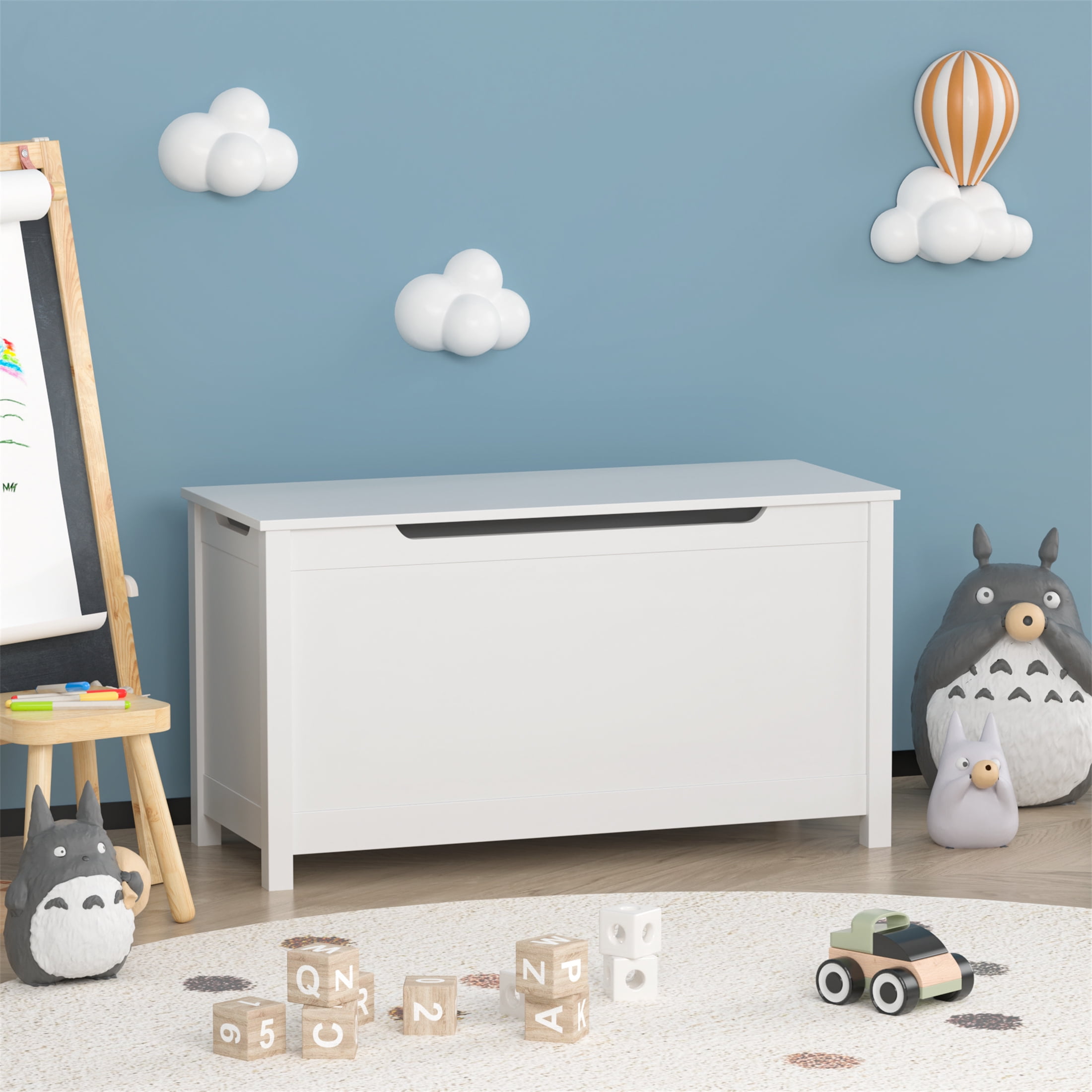 White Kids Toy Box Storage with Safety Hinged Lid, Multi-Use Wooden Storage Bench for Toys, Books, and Clothes, for Ages 2 and Up