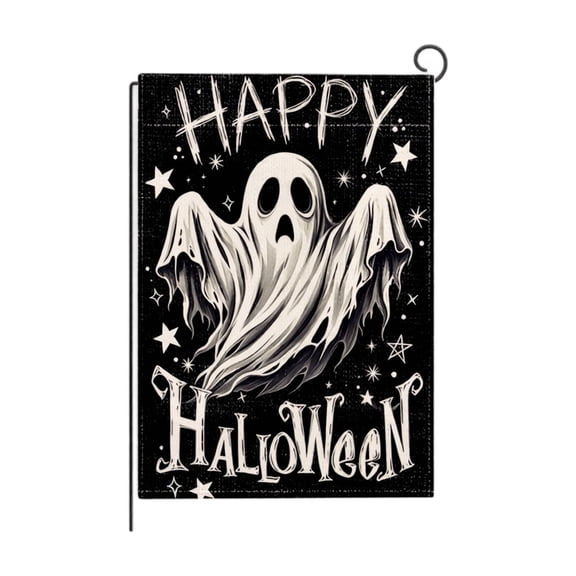Garden Flag Burlap Linen Spooky Ghost Halloween Design 12 X 18 Inch Single Vertical Piece for Outdoor Yard Patio Porch Display