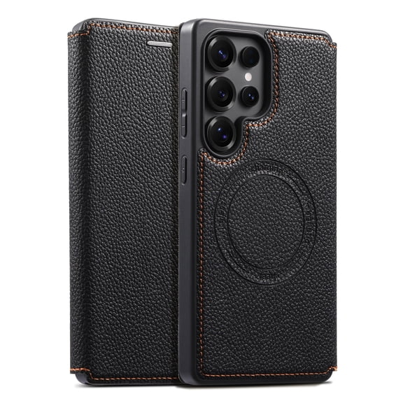 Dteck Magnetic PU Leather Flip Phone Case For Samsung Galaxy S26 Ultra, Shockproof Card Slots & ID Holder Kickstand Back Cover, Black