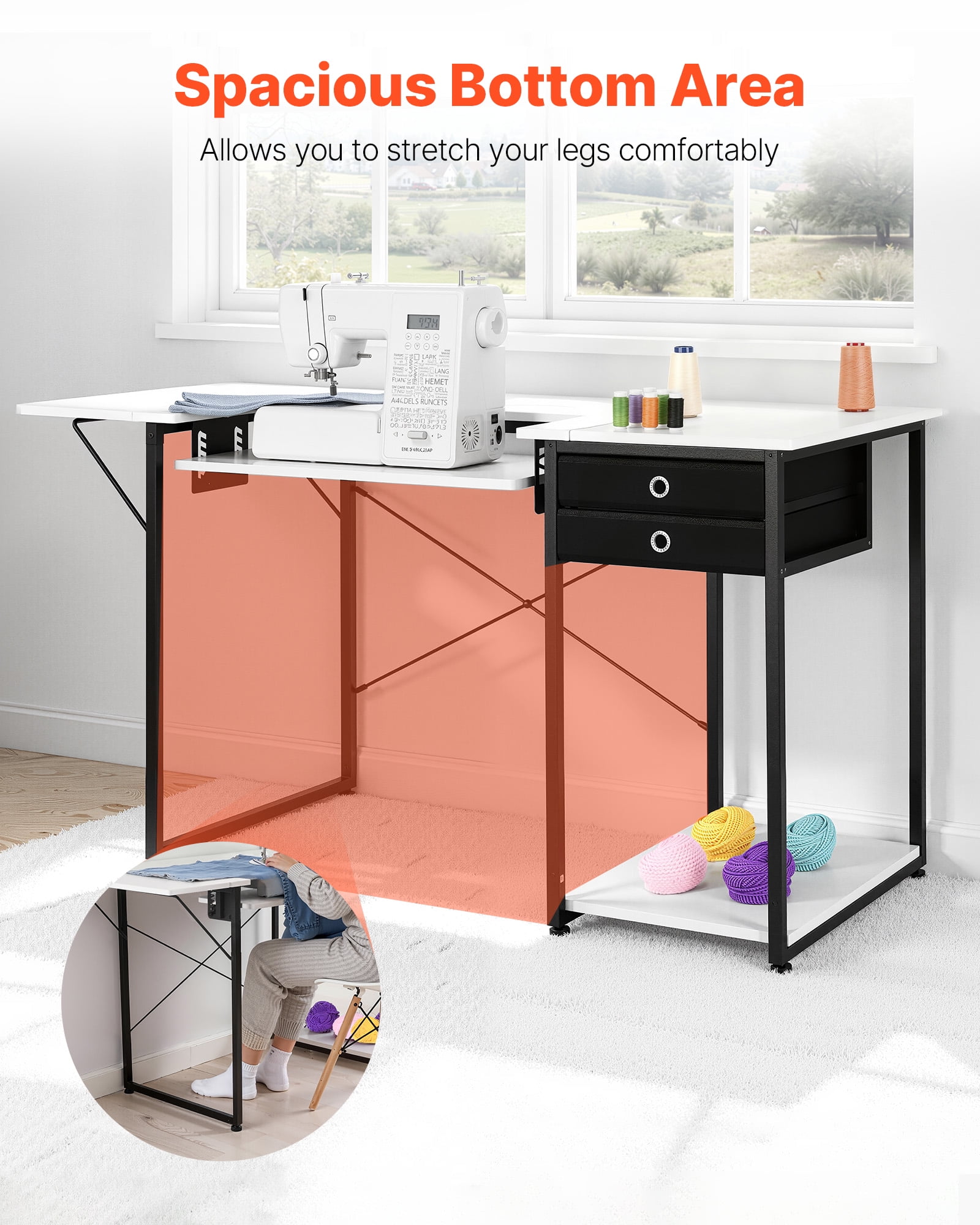 VEVOR Sewing Table, Multipurpose Sewing Machine Table with Drawers, Foldable Side Shelf, Adjustable Shelf, Steel Legs, Computer Desk for Home, Fashion Studio, Art Studio, Educational Institution