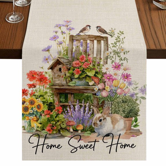 Table Runners 72 Inches Long Dress Scarves, Spring Flowers Farmhouse Kitchen Table Runner, Coffee Tablerunners, Cute Rabbits Tulips Sunflowers Daisy Vintage 18x72 Inch